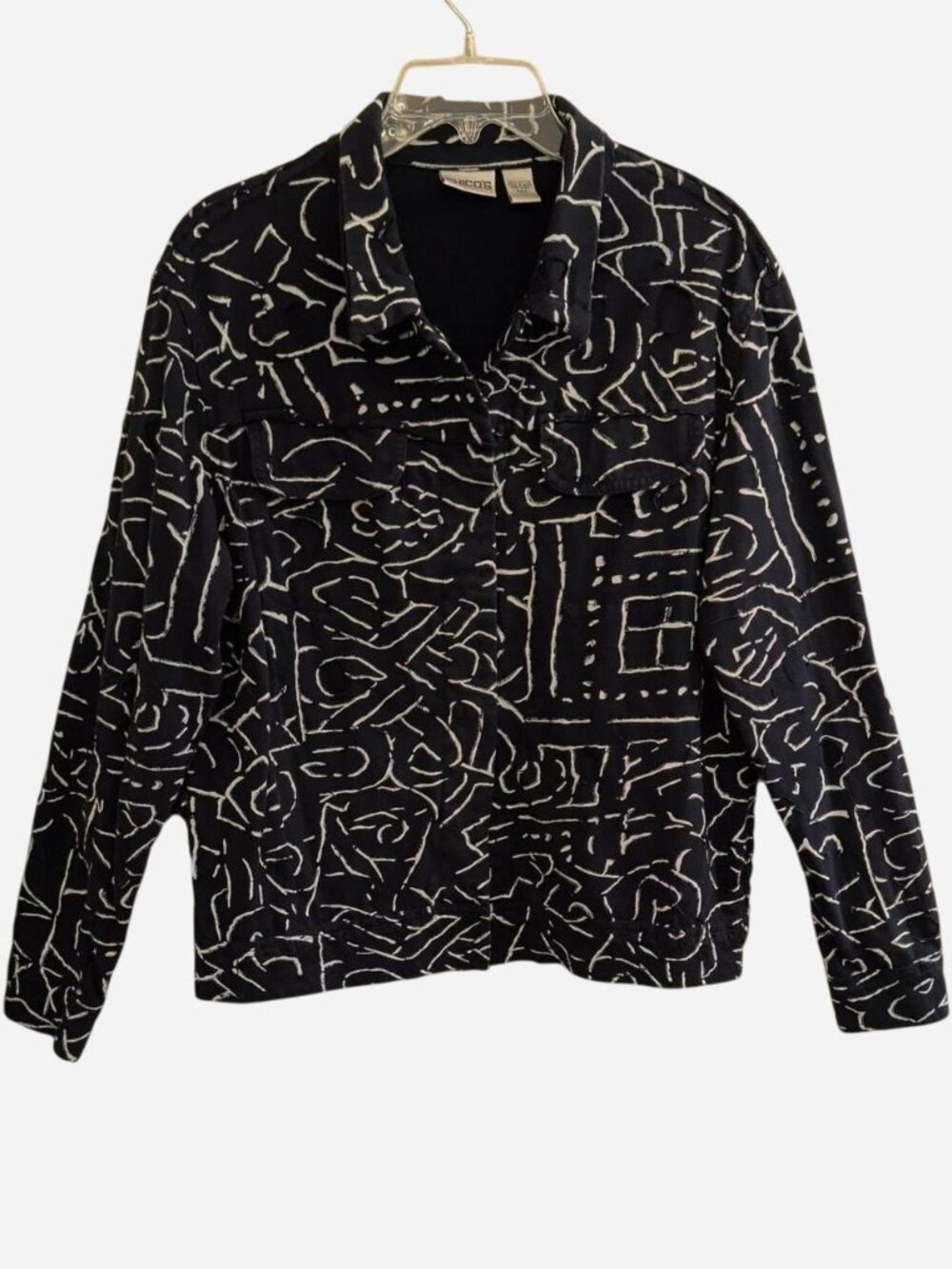 Chico's Navy & White Abstract Stretch Knit Jacket Size 2 (12/L)